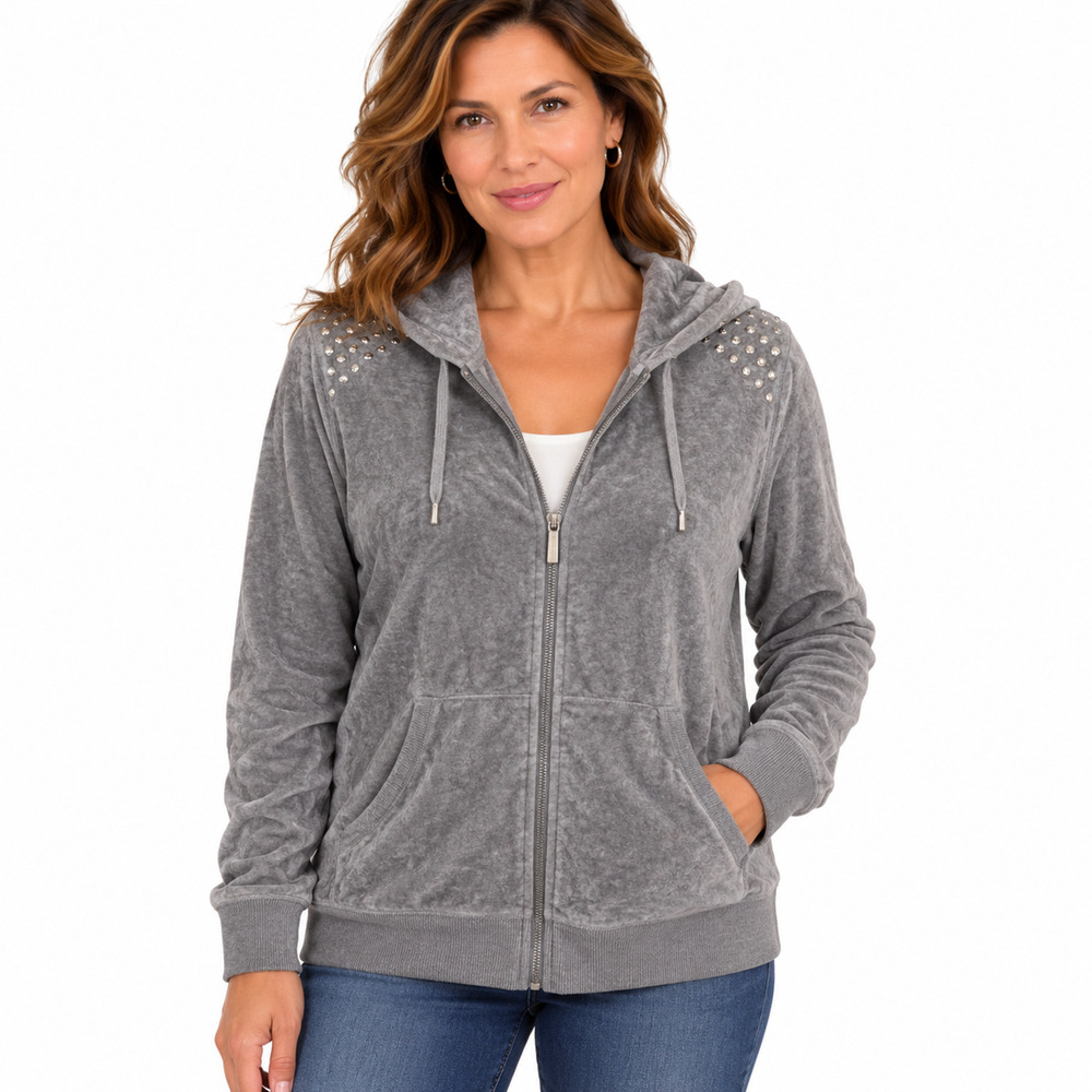 Michael Kors Gray Velour Full Zip Hoodie Jacket Rhinestones Pockets Casual sz M